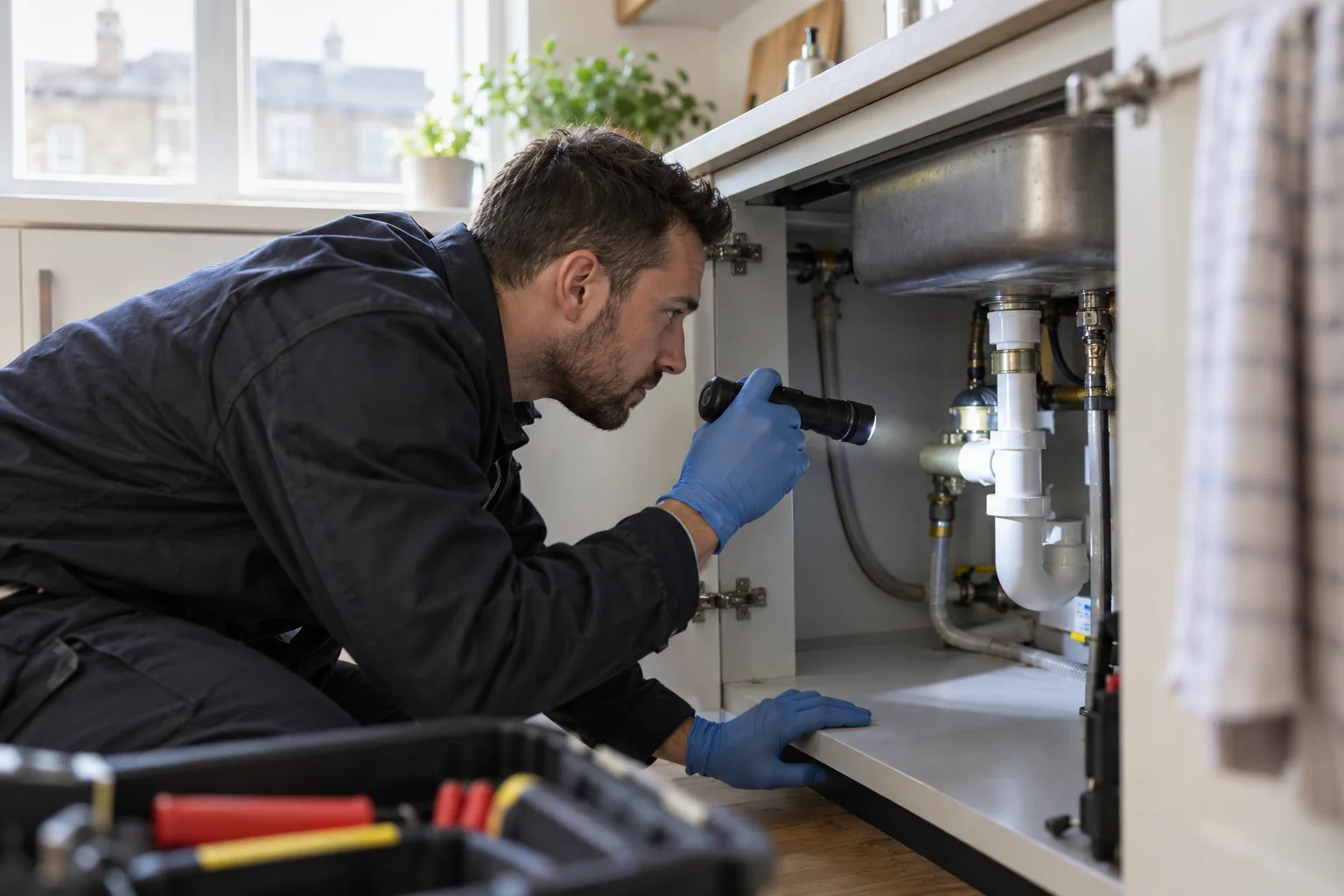 Technician inspecting beneath a kitchen sink
